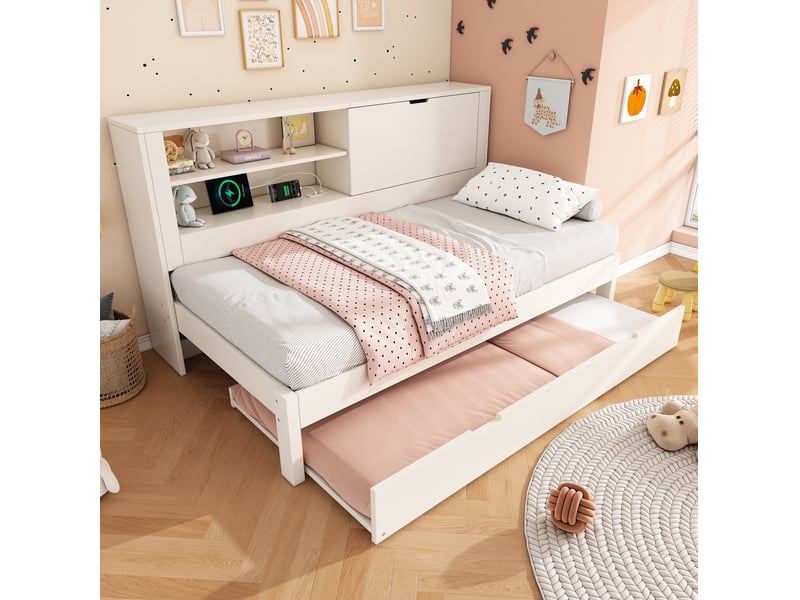  Sofa-lit 90x190 cm avec lit gigogne 90x190 cm, cadre bois blanc avec rangement arrière, niches ouvertes, rangements dissimulés, station de charge usbusb-c, sans matelas ORFRAB30708901W - Conforama B
