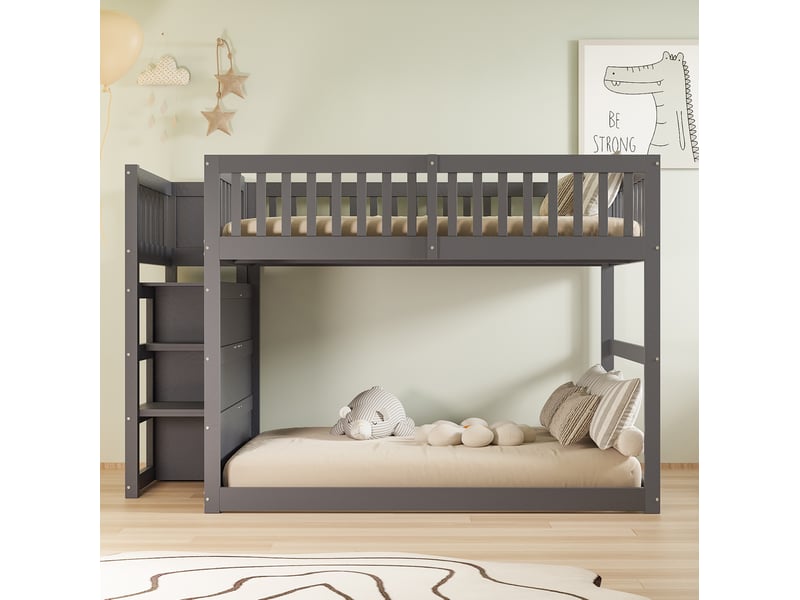  Lit superposé enfant 140x200 cm – gris – escalier à 4 tiroirs, barrière haute de sécurité, sans matelas  - Conforama B