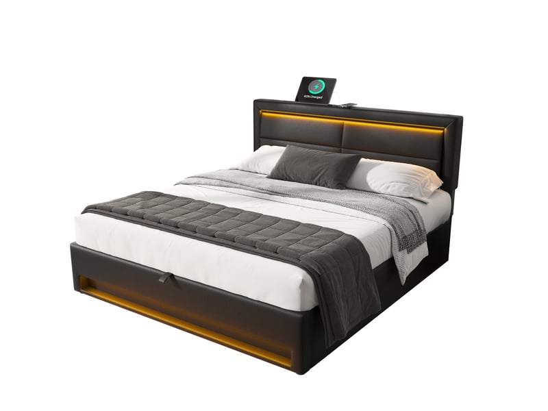 Modenvie lit coffre rembourré 140x190 cm - usb, charge sans fil et éclairage led, sans matelas - noir - Conforama A