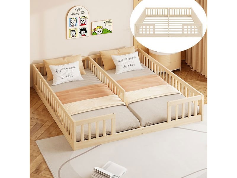  Lit à panneaux pour enfants - 90x200 cm - garde-corps - sommier à lattes - bois de pin - style minimaliste - naturel 204x187x40cm - Conforama B