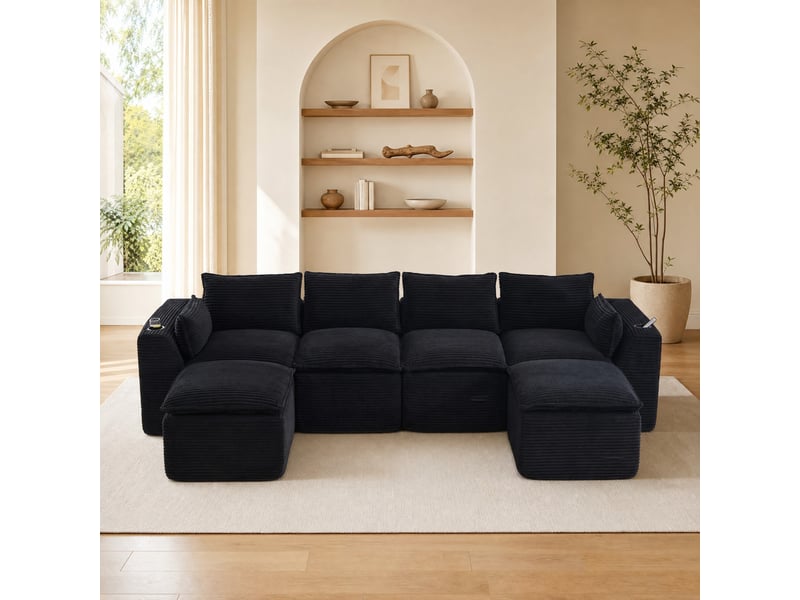Canapé modulable 4 places modenvie avec 2 poufs, coussins et poches latérales, mousse et ressorts, velours côtelé noir, 322 x 161 x 75 cm - Conforama B