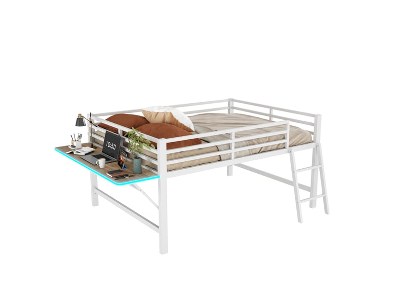 Lit mezzanine 140x200 cm avec bureau pliant et éclairage led en métal - Conforama A