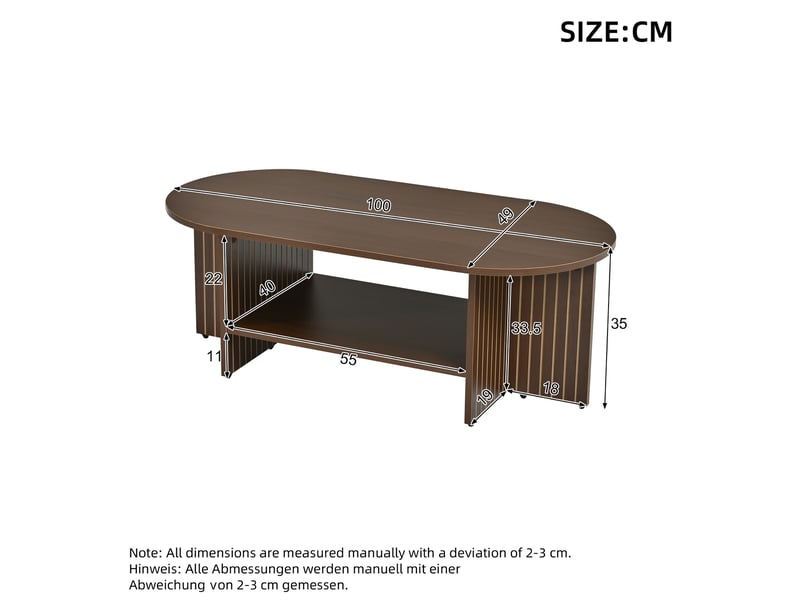  Table basse ovale avec étagère inférieure, design rainuré, en mdf noyer pour salon, 100 × 40 × 35 cm  - Conforama D