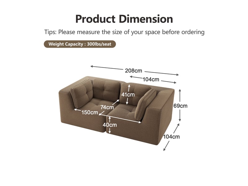  Canapé d'angle modulaire sans cadre avec assise profonde et accoudoirs larges, en corduroy marron  - Conforama E