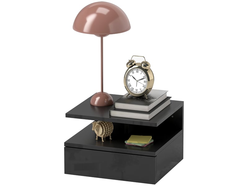  Table de chevet suspendue avec tiroir et étagère ouverte en bois, 35 x 32 x 22,5 cm, noir brillant  - Conforama B