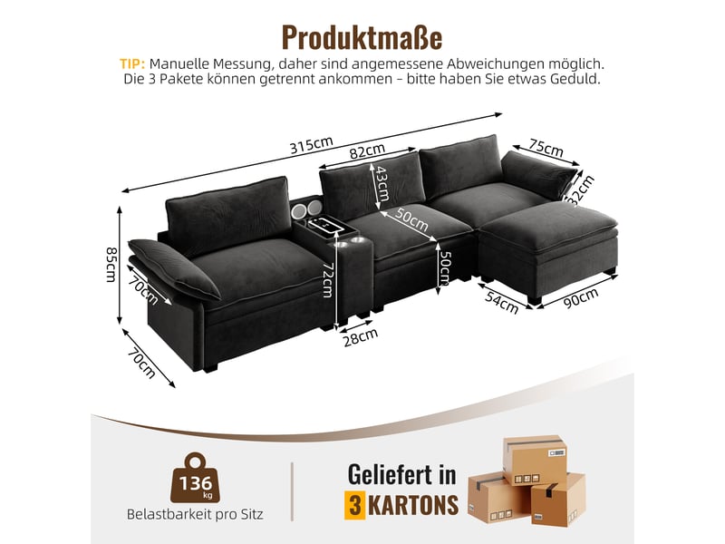  Canapé d'angle modulable en chenille cloud de 315 cm avec espace de rangement IKSETERA TRADING LTD - Conforama C