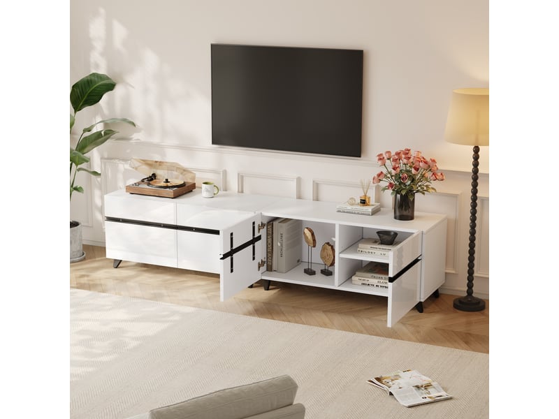 Meuble tv blanc brillant de 180 cm avec quatre placards, rangement modulable et huit pieds, pour téléviseur jusqu’à 80 pouces - Conforama D