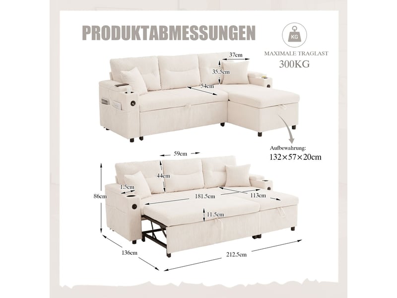  Canapé revêtement en velours côtelé rangement intégré porte-gobelets intégrés port usb-c chaise longue hydraulique lit tiroir design moderne  - Conforama C