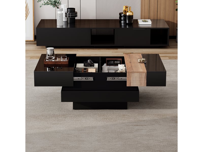  Table basse carrée plateau extensible rangement caché 70x70x39 cm - noir brillant mdf  - Conforama C