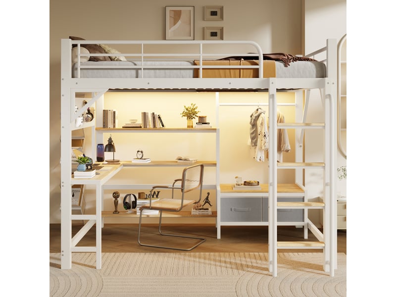  Lit mezzanine enfant 140×200 cm, bureau, usb et led réglable  - sans matelas, métal mdf blanc  - Conforama C