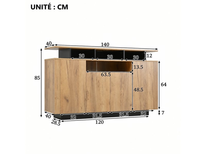 Buffet 4 portes avec 3 niches ouvertes, bois naturel et noir, 140 x 40 x 85 cm - Conforama C