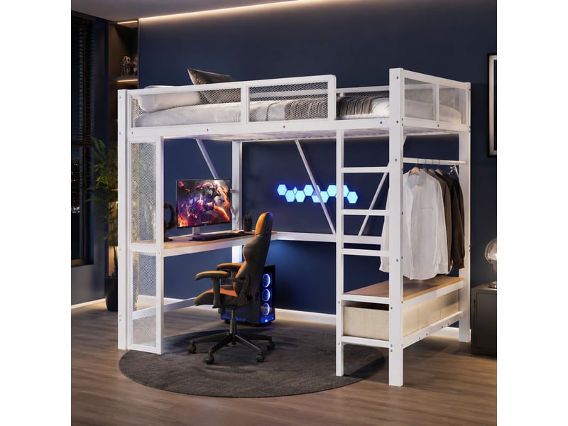  Lit mezzanine 140 x 200 cm en métal avec bureau, led, usb et 3 tiroirs, blanc  - Conforama B