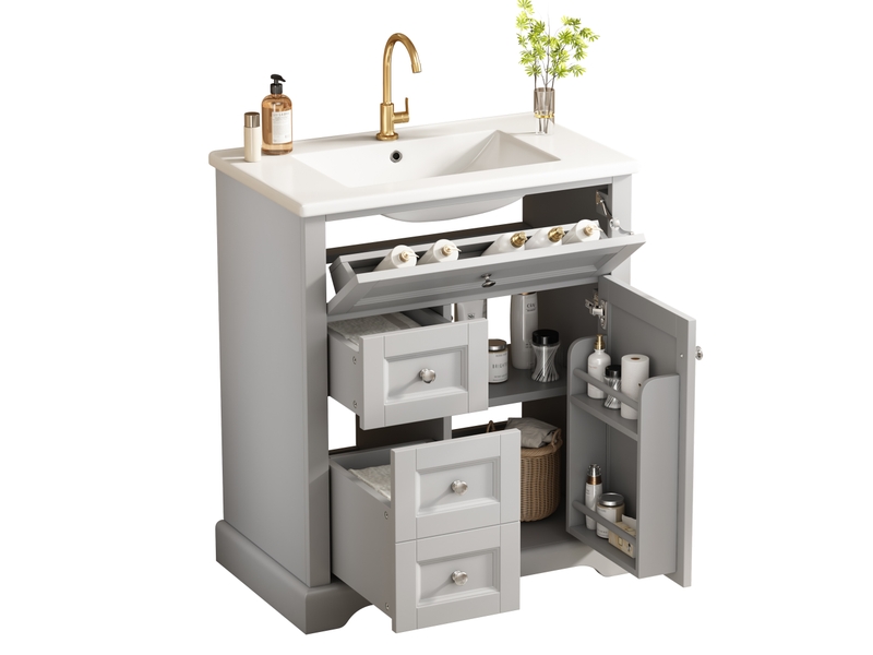 Meuble vasque sur pied gris, 76 x 46 x 87 cm, en mdf et céramique, avec étagères réglables et vasque intégrée - Conforama A
