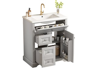 Meuble vasque sur pied gris, 76 x 46 x 87 cm, en mdf et céramique, avec étagères réglables et vasque intégrée