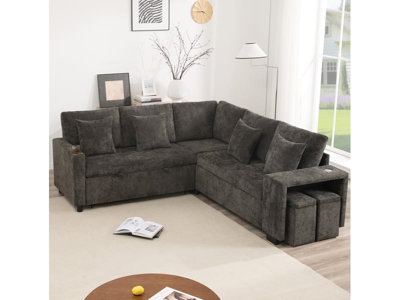  Canapé d'angle convertible ulevr 5 places avec rangement, méridienne réversible, usbusb-c, chenille gris, 220 x 205 cm  - Conforama E