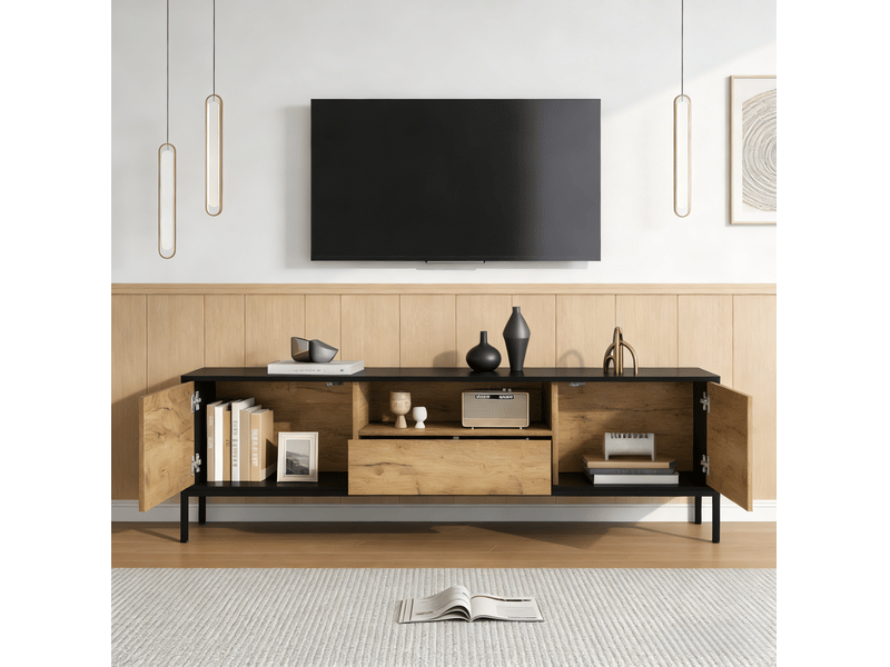  Meuble tv 170 cm pour écran 70 pouces avec rangement en bois cravdom  - Conforama C