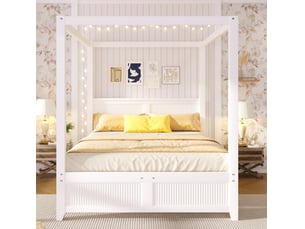 Lit à baldaquin 140x200 cm blanc en bois et mdf, cadre de toit ouvert et lattes verticales pour chambre