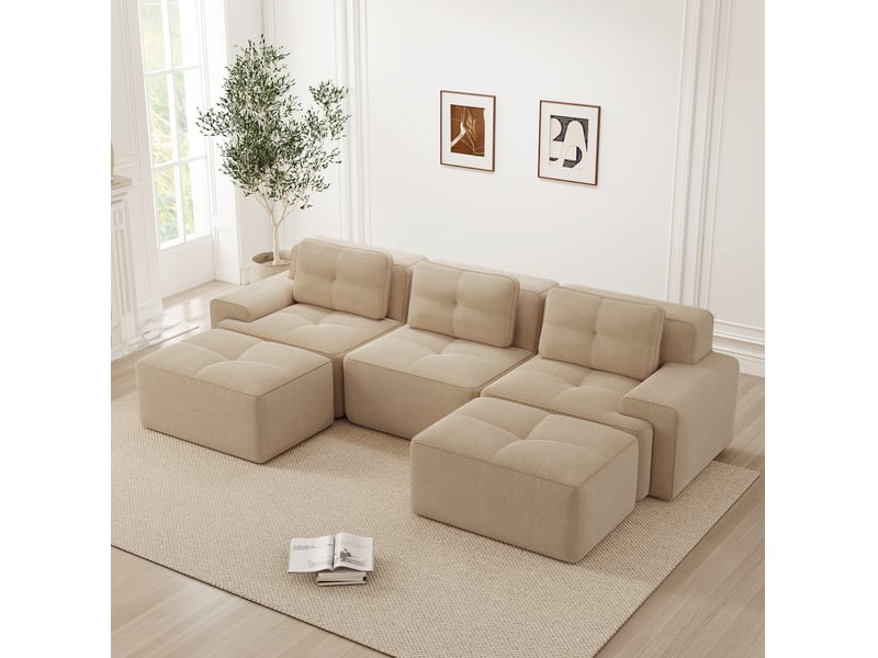Canapé modulable en u 3 places avec ottoman, assise profonde et base antidérapante en velours côtelé beige - Conforama B