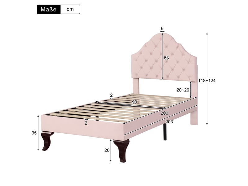  Lit simple 90x200 cm en velours rose avec tête de lit réglable et sommier à lattes  - Conforama C