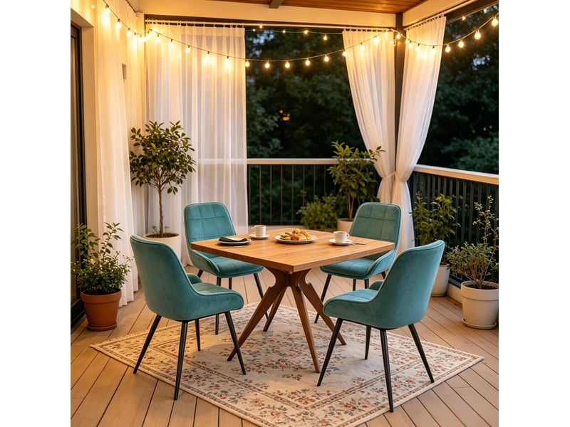 Lot de 4 chaises de salle à manger avec assise rembourrée et dossier incurvé en velours turquoise - Conforama D