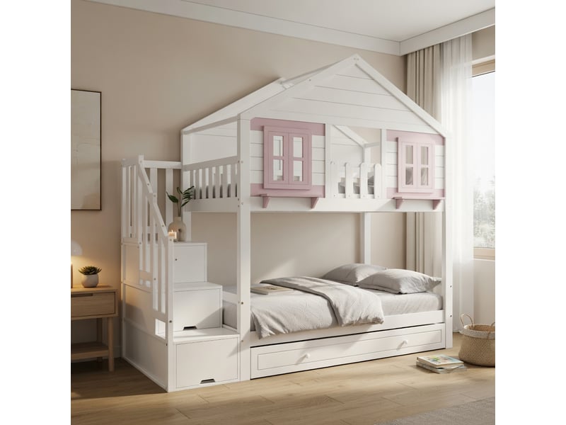  Gutenacht lit superposé gigogne 90x200cm, fenêtre, toit, blanc &amp; rose  - Conforama D