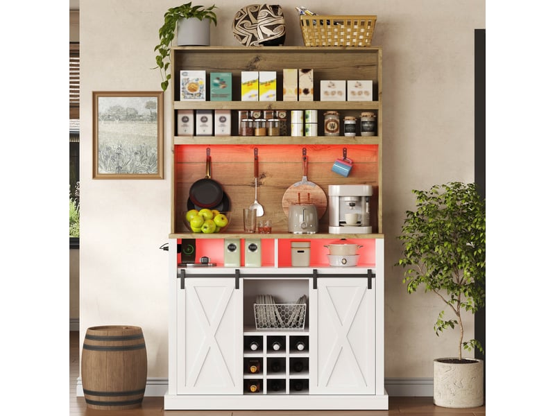  Buffet de cuisine haut 191x110x40 cm, meuble rangement cuisine avec capacité de charge 50 kg, portes coulissantes, étagères ouvertes et crochets latéraux  - Conforama W