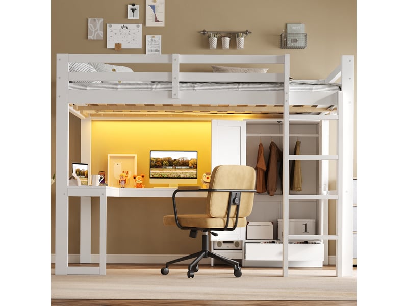  Lit mezzanine - 140x200 cm - bureau intégré - armoire intégrée - rangements intégrés - éclairage led - port usb - lit enfant - blanc CozyNest - Conforama D