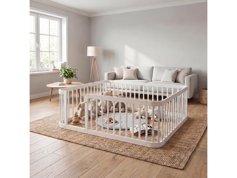  Parc bébé modulable 140×200 cm, coins arrondis et fond anti-pincement  - bois blanc, sans matelas  - Conforama C