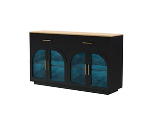 Buffet de cuisine 147 x 40 x 86 cm avec éclairage led, 2 tiroirs, 4 portes et étagères, noir et bois naturel, en mdf