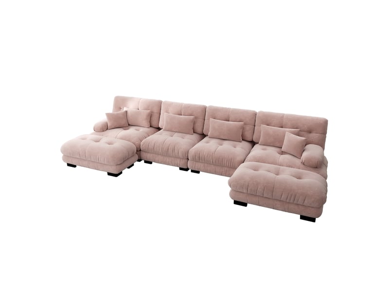 Canapé d'angle, canapé modulable – 4 places, pouf amovible, forme u, style cloud, rose, en chenille - Conforama E