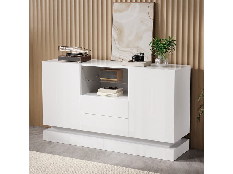  Buffet de rangement - buffet avec éclairage led, crédence, meuble de salon, meuble de rangement à 2 portes et 2 tiroirs, blanc  - Conforama W