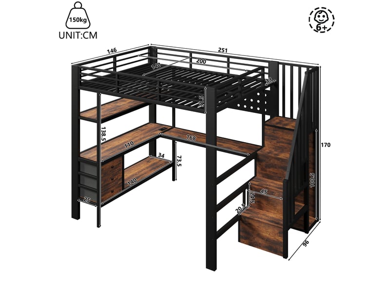  Lit mezzanine enfant métal 140 x 200 cm avec éclairage led  - 3 tiroirs- table - noir ABC - Conforama C