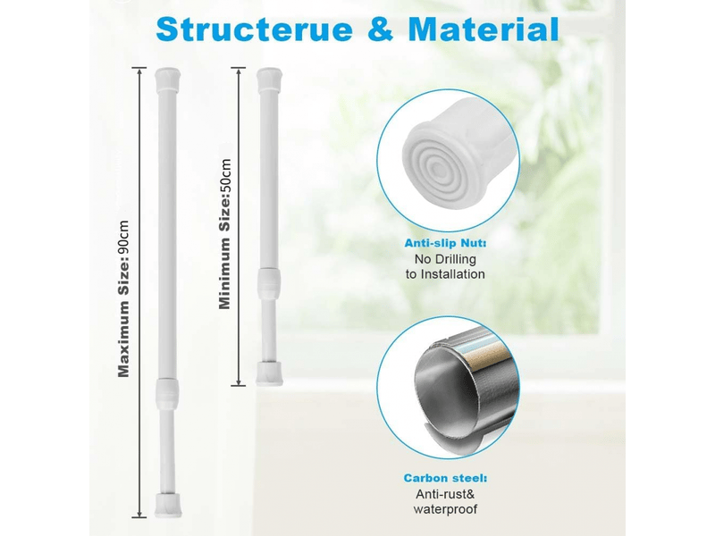  Lot de 2 tringles à rideaux réglables, rétractables sans perçage, adaptées aux fenêtres, armoires, douches, blanches, 50-90 cm  - Conforama C