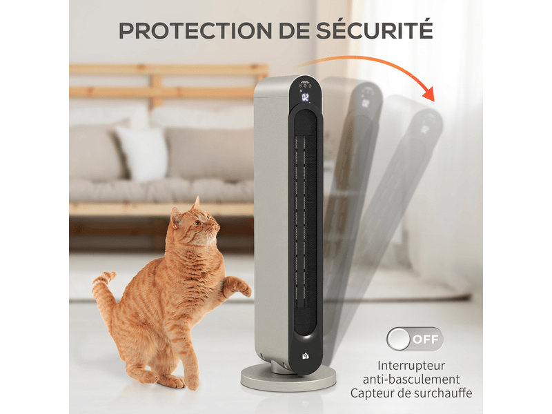  Radiateur céramique tour chauffage d'appoint 2200w avec télécommande oscillation argent et noir  - Conforama D