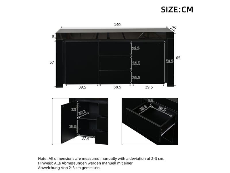  Buffet avec 2 portes, 3 tiroirs, led et étagères réglables pour salon en mdf 140×40×65 cm noir  - Conforama E