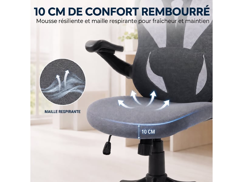  Chaise bureau ergonomique avec accoudoirs 3d et appui-tête réglable, fauteuil de bureau en maille, gris  - Conforama R