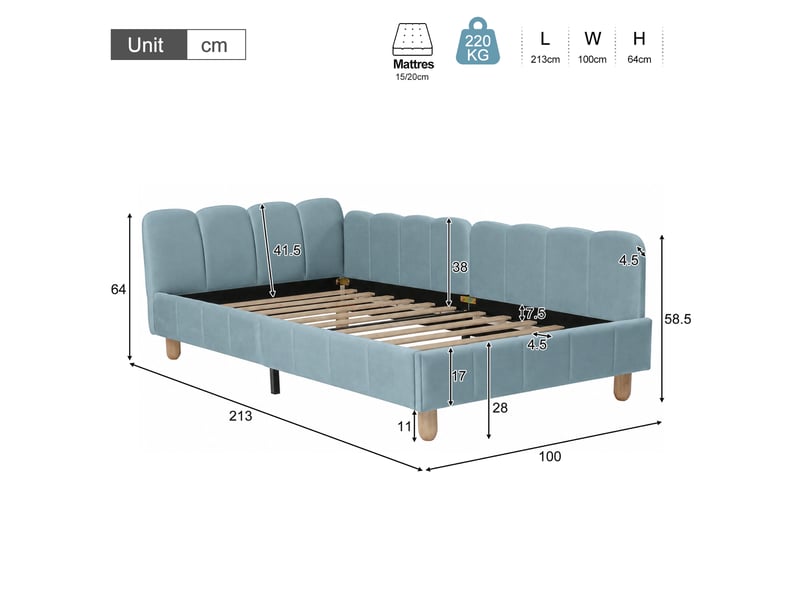  Lit enfant rembourré 90x200 cm en velours avec tête de lit, barrière de sécurité et pieds en bois massif, pour chambre d’enfant - bleu  - Conforama C