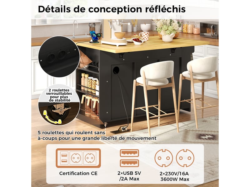  Îlot de cuisine 130x5080x87cm avec 3 tiroirs, porte coulissantes et prises usb, rangement, mdf, noir et bois  - Conforama E