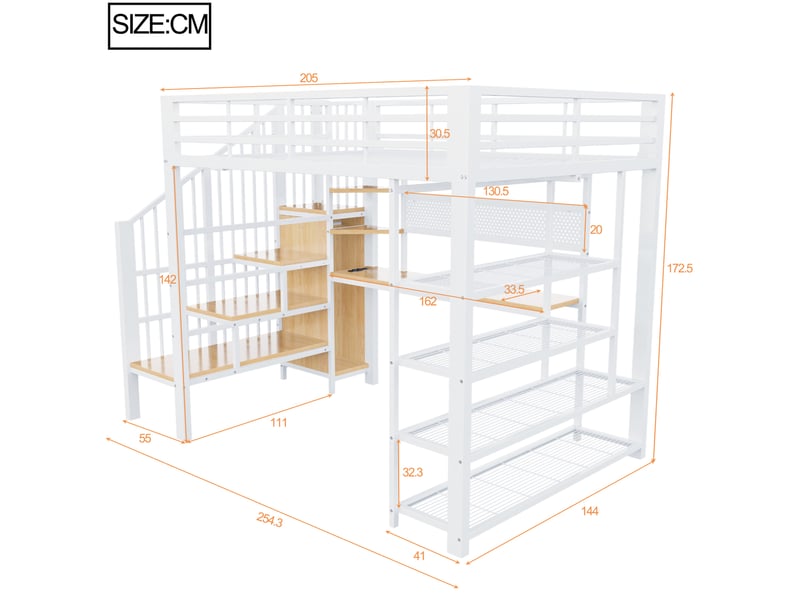 Lit mezzanine 140x200 cm – blanc – bureau avec étagères, escalier de rangement, led et prises – sans matelas - Conforama C