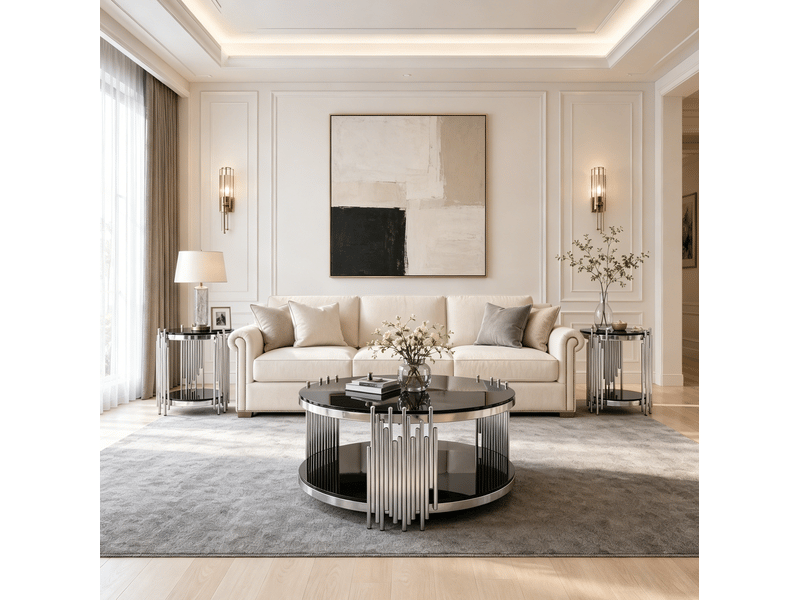  Table basse ronde de salon noire avec double plateau en verre trempe, structure argent, rangement 80 cm  - Conforama E
