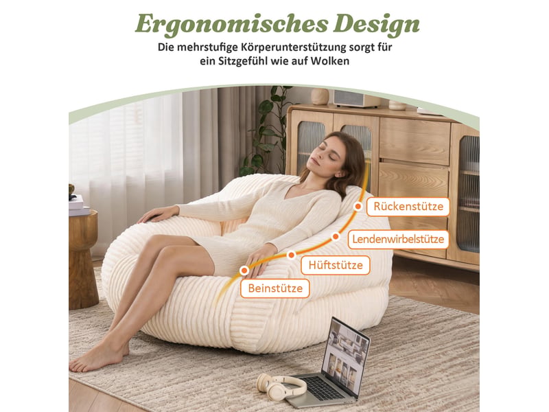 Fauteuil pouf pour adulte avec dossier enveloppant, assise moelleuse et sans montage, en velours côtelé beige - Conforama C
