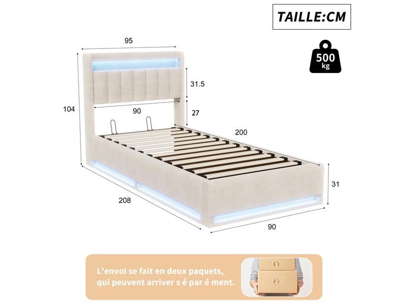  Lit coffre 90x200 cm avec éclairage led et usb, lits simple avec espace de rangement hydraulique et tete de lit, sommier à lattes, velours, beige  - Conforama C