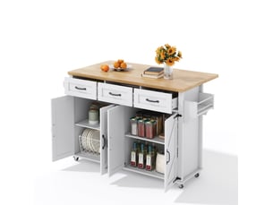 Îlot de cuisine 140x43(70)x90,5 cm – blanc et naturel – plateau rabattable, sur roulettes et rangement intégré