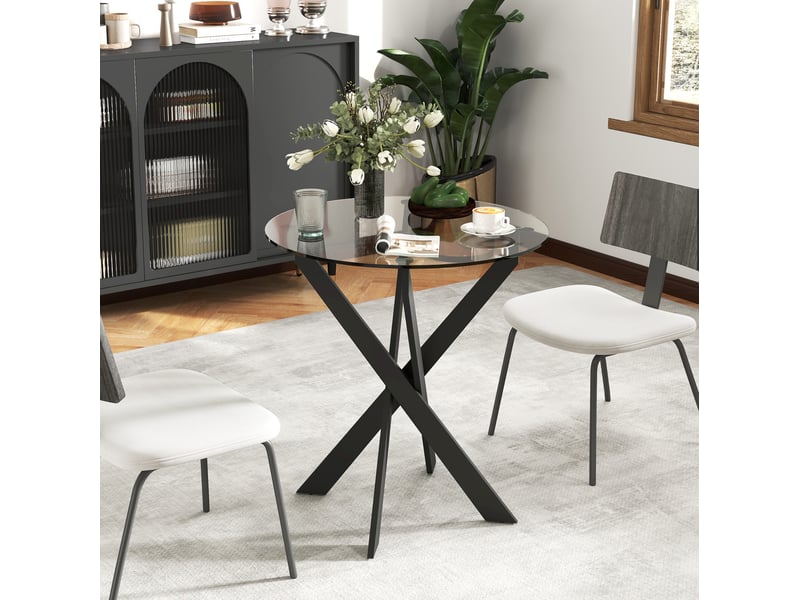 Table de salle à manger ronde pour 4 personnes avec plateau en verre trempé et pieds métalliques, pour cuisine, ø70 × 75 cm - Conforama B
