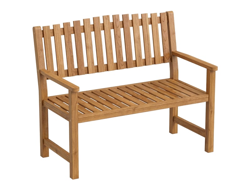  Banc de jardin 2 places en bois d'acacia avec dossier et accoudoirs à lattes, 112 x 64 x 92 cm, couleur bois  - Conforama A