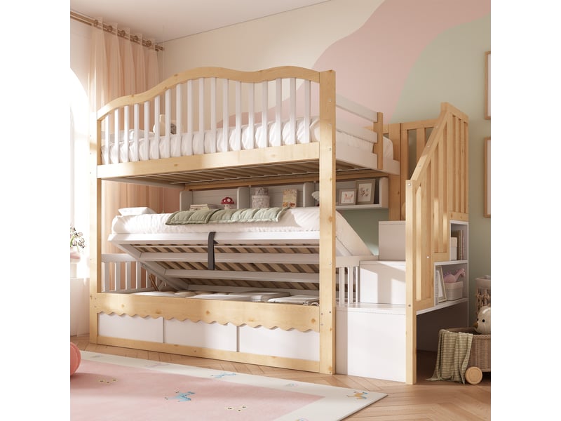 Lit superposé enfant en bois 90x200 cm avec rangement hydraulique, escalier avec rangements, étagères et garde-corps de sécurité - blanc et chêne - Conforama D