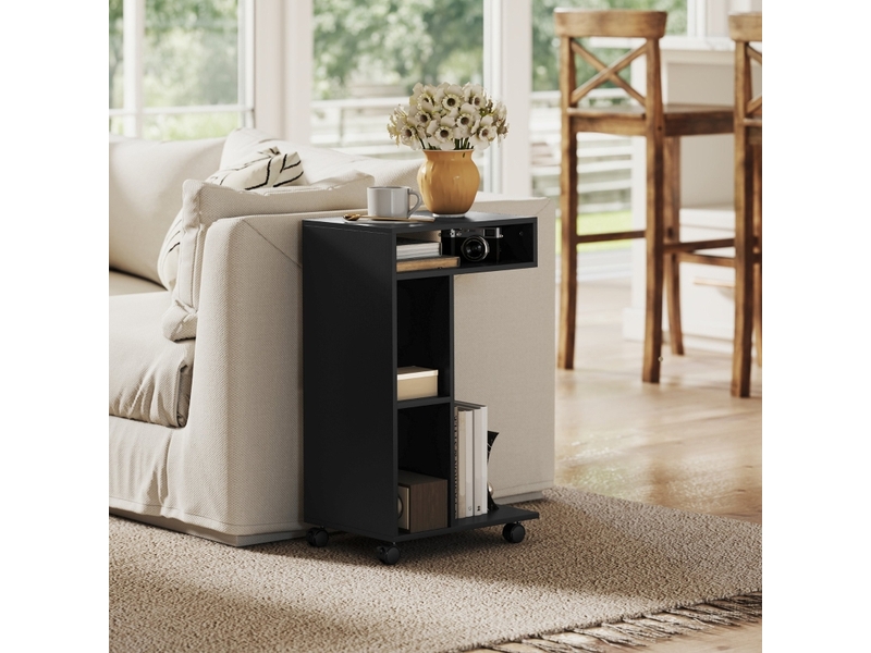  Table basse en c avec 3 niches, 4 roulettes et freins, pour salon, 40×30×69 cm, en bois, noir  - Conforama C