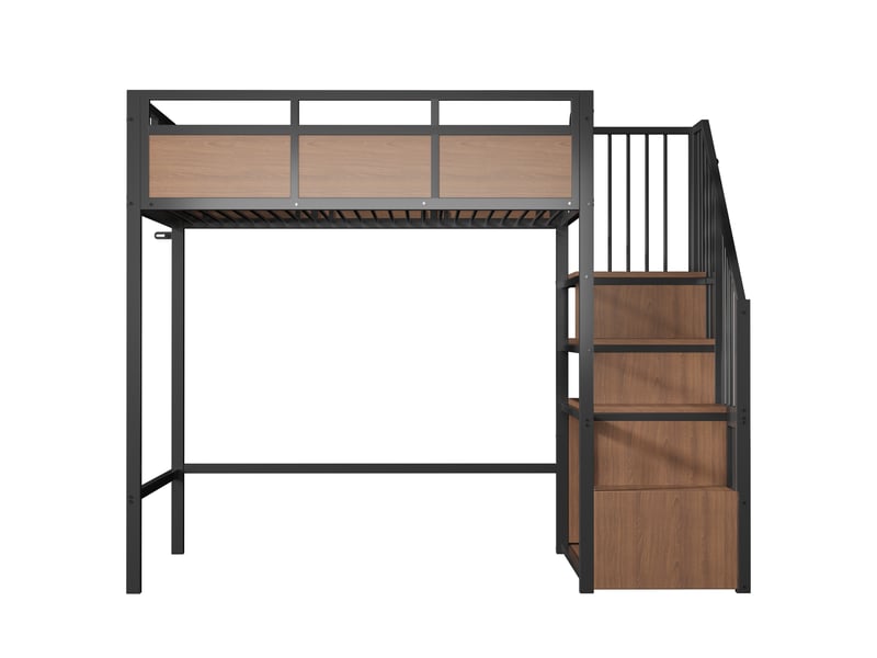  Lit mezzanine métal 90x200 noir avec éclairage led et escalier de rangement, lit surélevé robuste pour adulte et enfant.  - Conforama A
