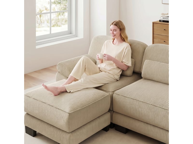  Canapé d’angle modulable 194 cm 2 places avec pouf, design carré épuré, base et accoudoirs à matelassage en canaux, velours côtelé, beige  - Conforama C