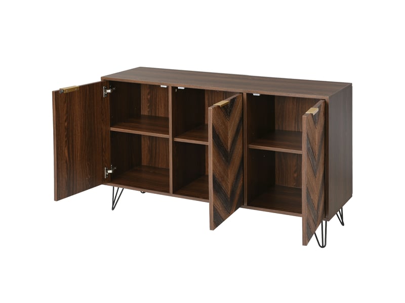  Buffet 3 portes en placage bois - façades galbées, poignées dorées, rangement salon  - Conforama E